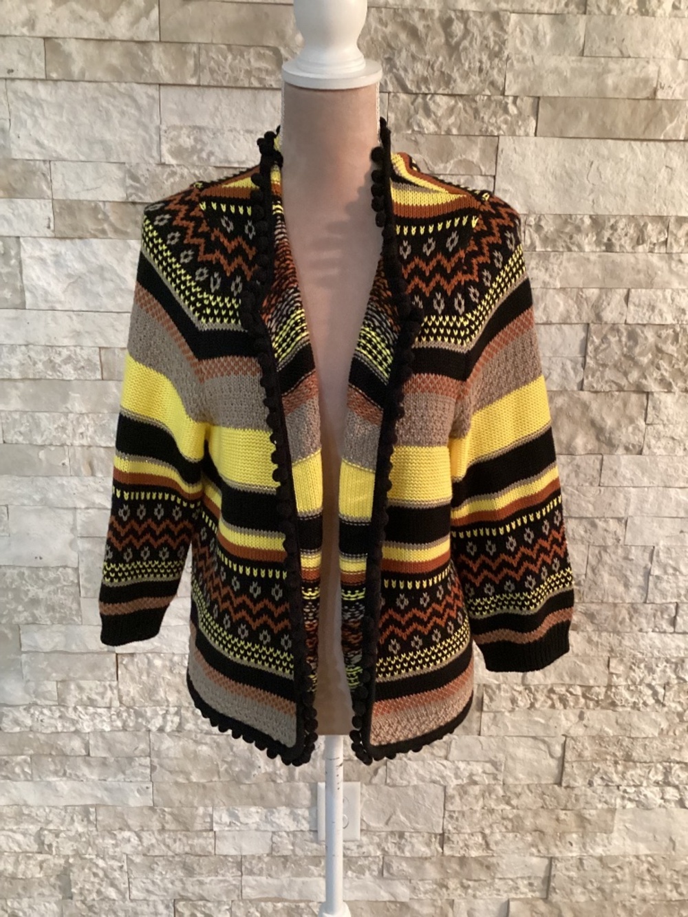 Together Vintage Open Front Pom Pom Trim Striped Fair Isle Knit Cardigan Size 14